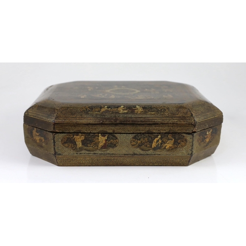 168 - A Chinese gilt decorated black lacquer games box, mid 19th century, the cover decorated with figures... 