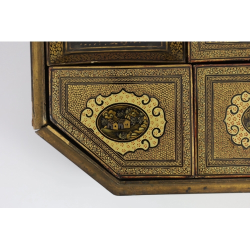 168 - A Chinese gilt decorated black lacquer games box, mid 19th century, the cover decorated with figures... 