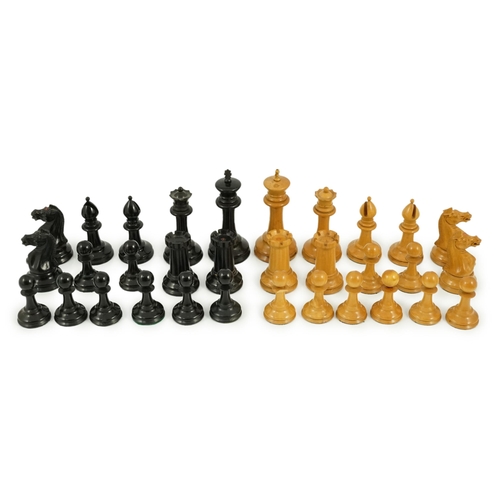 17 - An early Jaques Staunton pattern lead weighted boxwood and ebony chess set, c.1850, white king stamp... 