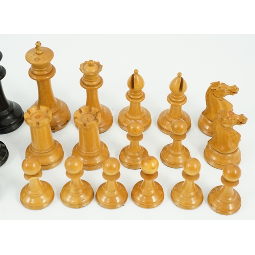 17 - An early Jaques Staunton pattern lead weighted boxwood and ebony chess set, c.1850, white king stamp... 