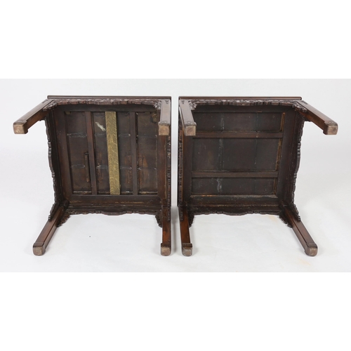 172 - A pair of Chinese huali corner-leg low tables, Qing dynasty, the square three board panelled top wit... 