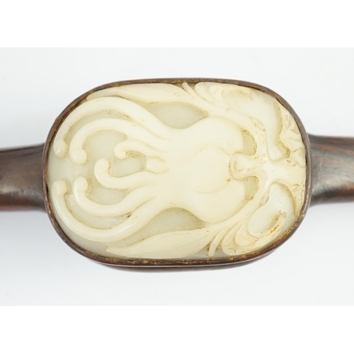 178 - A Chinese pale celadon jade and zitan sanduo ruyi sceptre, 18th/19th century, the jade plaques car... 