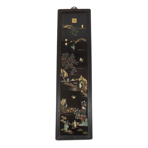 180 - A Chinese jade mounted lacquer panel, 20th century, one applied jade figure Qing dynasty, the gilt d... 