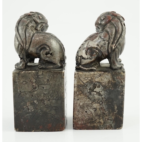 181 - A pair of Chinese soapstone lion-dog seals, Qing dynasty, with vacant matrices, the dark grey stone ... 