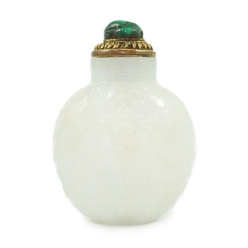 185 - A good Chinese archaistic white jade snuff bottle, 1780-1850, of flattened flask form, well hollowed... 