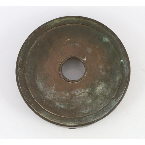 189 - A large Chinese patinated bronze censer stand, 17th/18th century, the disc shaped top supported on t... 