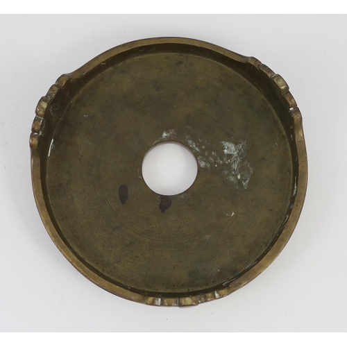 189 - A large Chinese patinated bronze censer stand, 17th/18th century, the disc shaped top supported on t... 