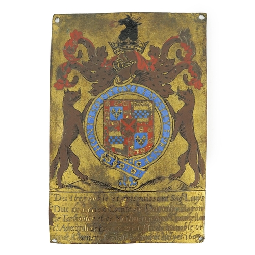 19 - A James I enamelled brass garter stall plate, dated 1603 with the arms of Esmé Stewart, 3rd Duke of ... 