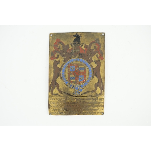 19 - A James I enamelled brass garter stall plate, dated 1603 with the arms of Esmé Stewart, 3rd Duke of ... 