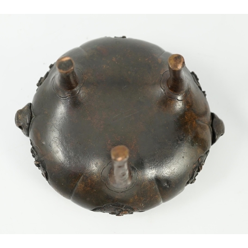 198 - A Chinese bronze and copper alloy tripod censer and cover and a Chinese archaistic bronze tripod ves... 