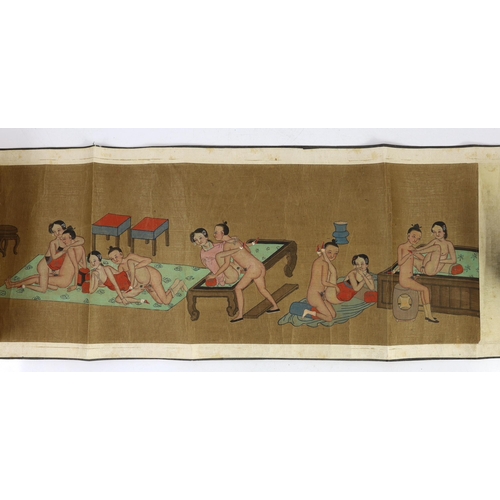 201 - A Chinese erotic hand scroll on silk, early 20th century, depicting twelve couples in various positi... 