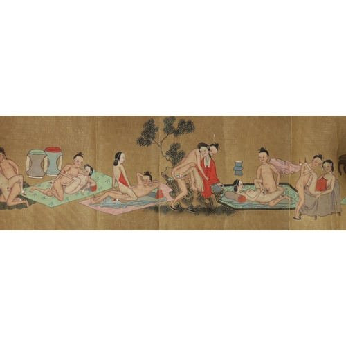 201 - A Chinese erotic hand scroll on silk, early 20th century, depicting twelve couples in various positi... 