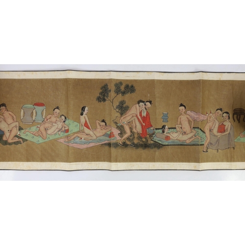 201 - A Chinese erotic hand scroll on silk, early 20th century, depicting twelve couples in various positi... 