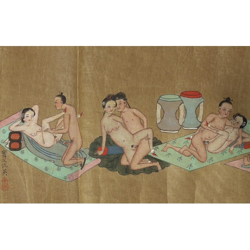 201 - A Chinese erotic hand scroll on silk, early 20th century, depicting twelve couples in various positi... 