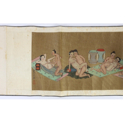 201 - A Chinese erotic hand scroll on silk, early 20th century, depicting twelve couples in various positi... 