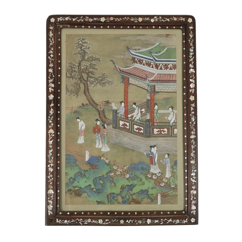 208 - A Chinese painting on silk of ladies in a pavilion garden, c.1800, in a late 19th century hongmu and... 