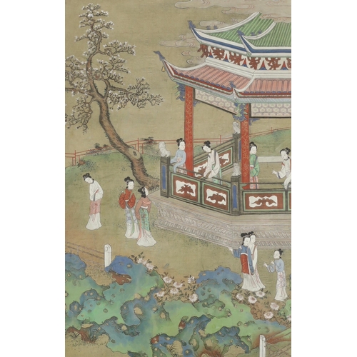 208 - A Chinese painting on silk of ladies in a pavilion garden, c.1800, in a late 19th century hongmu and... 