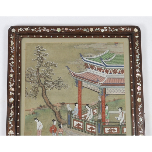 208 - A Chinese painting on silk of ladies in a pavilion garden, c.1800, in a late 19th century hongmu and... 