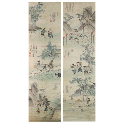 209 - A pair of Chinese scroll paintings on paper, late 19th/early 20th century, each depicting farming sc... 