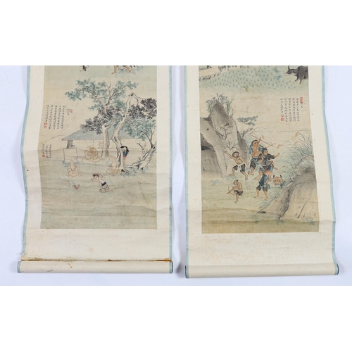 209 - A pair of Chinese scroll paintings on paper, late 19th/early 20th century, each depicting farming sc... 