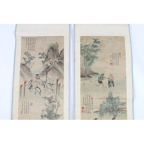 209 - A pair of Chinese scroll paintings on paper, late 19th/early 20th century, each depicting farming sc... 