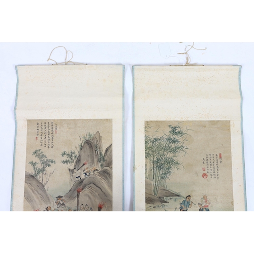 209 - A pair of Chinese scroll paintings on paper, late 19th/early 20th century, each depicting farming sc... 