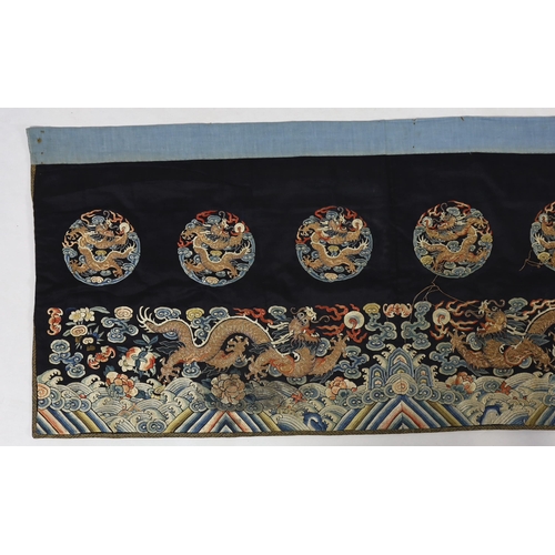 211 - A Chinese embroidered silk 'dragon' table frontal, 19th century, woven in coloured silks and metal t... 