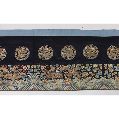 211 - A Chinese embroidered silk 'dragon' table frontal, 19th century, woven in coloured silks and metal t... 