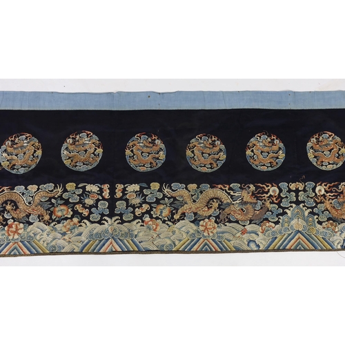 211 - A Chinese embroidered silk 'dragon' table frontal, 19th century, woven in coloured silks and metal t... 