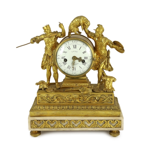 214 - Viger à Paris. A Louis XVI ormolu mantel clock, surmounted with the figures of a King holding a spea... 