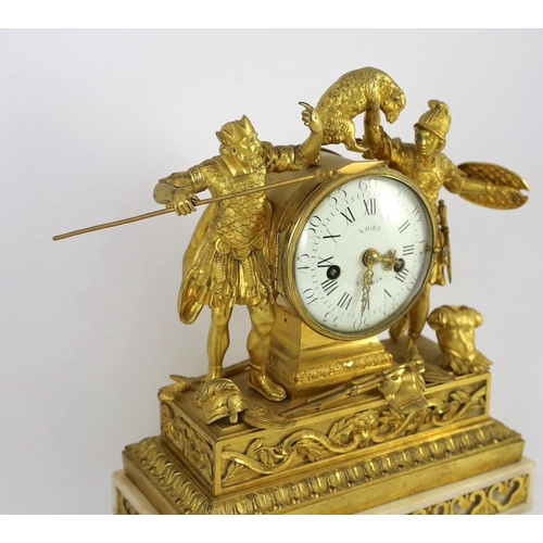 214 - Viger à Paris. A Louis XVI ormolu mantel clock, surmounted with the figures of a King holding a spea... 