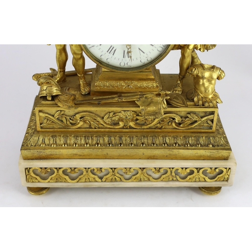 214 - Viger à Paris. A Louis XVI ormolu mantel clock, surmounted with the figures of a King holding a spea... 