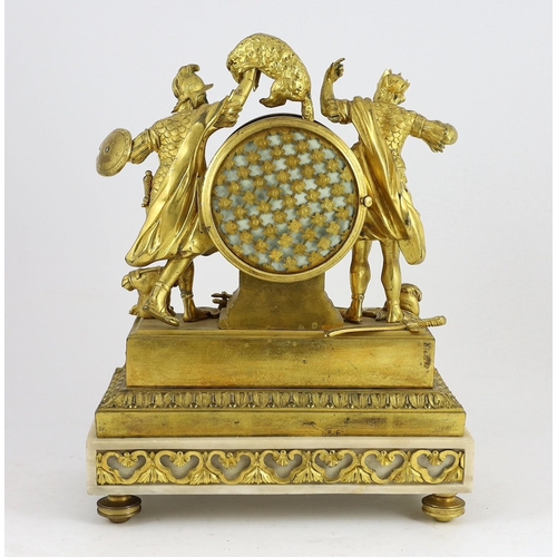 214 - Viger à Paris. A Louis XVI ormolu mantel clock, surmounted with the figures of a King holding a spea... 