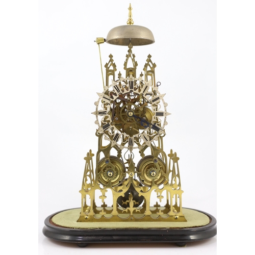 218 - A Victorian brass cathedral skeleton clock, with silvered Roman dial and twin fusee movement strikin... 