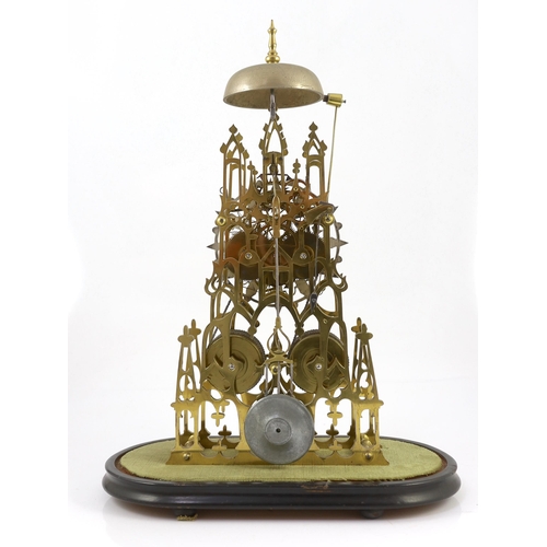 218 - A Victorian brass cathedral skeleton clock, with silvered Roman dial and twin fusee movement strikin... 