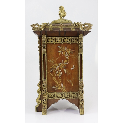 219 - A late 19th century French ormolu mounted mahogany and shibayama style mantel clock, in the Japanese... 