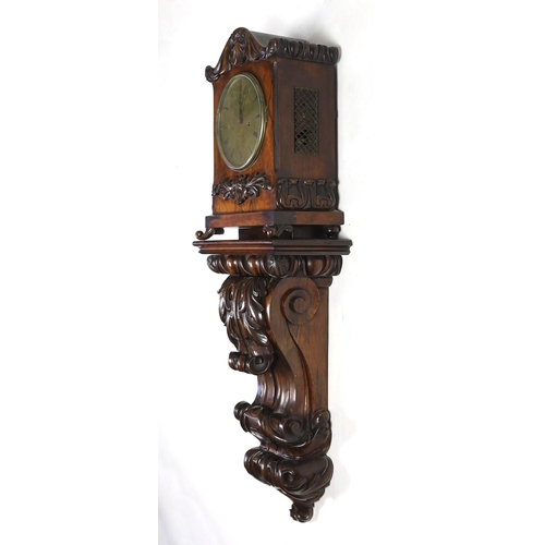 220 - An unusual William IV rosewood wall clock, shaped to look like a bracket clock upon a wall bracket b... 