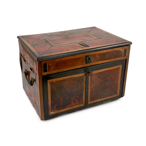 242 - An early 18th century Indo Portuguese ebony, satinwood and red tortoiseshell travelling case, the hi... 