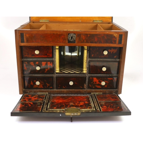 242 - An early 18th century Indo Portuguese ebony, satinwood and red tortoiseshell travelling case, the hi... 