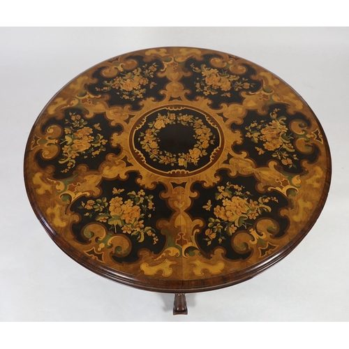 245 - A Victorian and later marquetry inlaid walnut and rosewood breakfast table, with circular tilt top, ... 