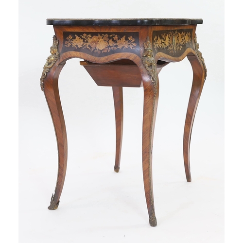 248 - A 19th century French rosewood and marquetry poudreuse, the ormolu mounted serpentine rectangular to... 