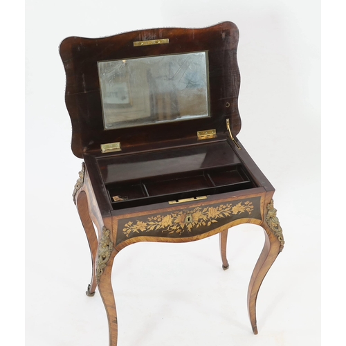 248 - A 19th century French rosewood and marquetry poudreuse, the ormolu mounted serpentine rectangular to... 