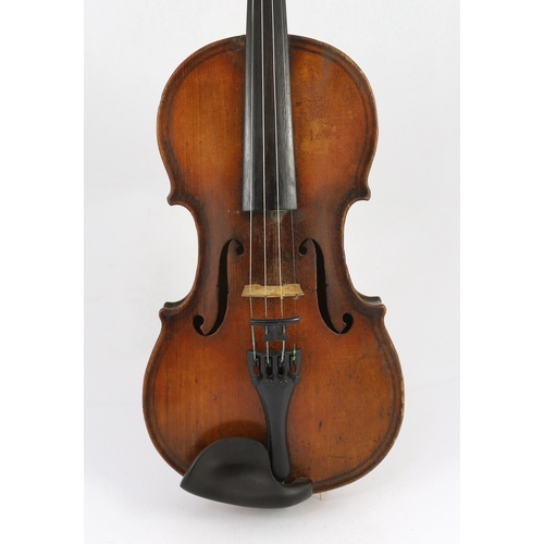 26 - An 18th century violin, labelled New Back by James Carroll, Maker, Manchester 1899, with slight cu... 