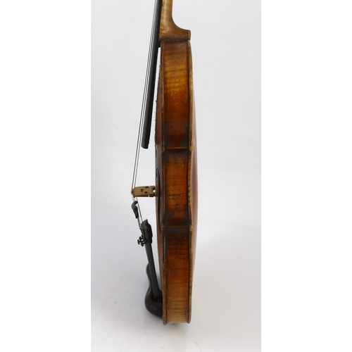 26 - An 18th century violin, labelled New Back by James Carroll, Maker, Manchester 1899, with slight cu... 