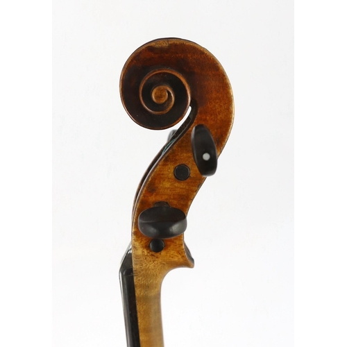 26 - An 18th century violin, labelled New Back by James Carroll, Maker, Manchester 1899, with slight cu... 