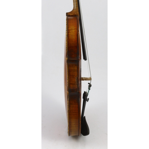 26 - An 18th century violin, labelled New Back by James Carroll, Maker, Manchester 1899, with slight cu... 