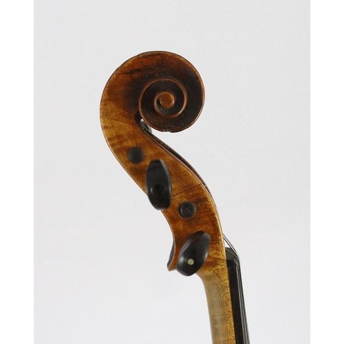 26 - An 18th century violin, labelled New Back by James Carroll, Maker, Manchester 1899, with slight cu... 