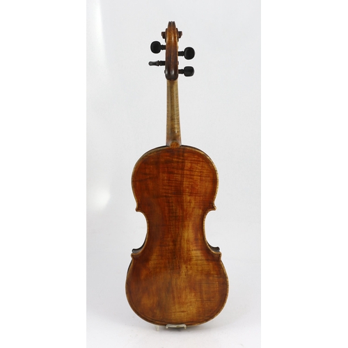 26 - An 18th century violin, labelled New Back by James Carroll, Maker, Manchester 1899, with slight cu... 