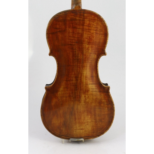 26 - An 18th century violin, labelled New Back by James Carroll, Maker, Manchester 1899, with slight cu... 