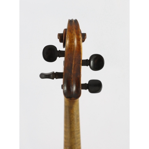 26 - An 18th century violin, labelled New Back by James Carroll, Maker, Manchester 1899, with slight cu... 